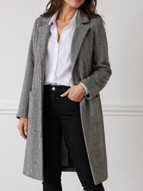 Sincerely Jules Black White Herringbone Midi Trench Coat Grey Silver Bow Pin M